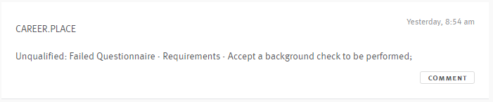 career.place note on candidate profile in Lever specifying that candidate is unqualified