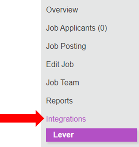 Arrow pointing to Integrations option on career.place job detail screen